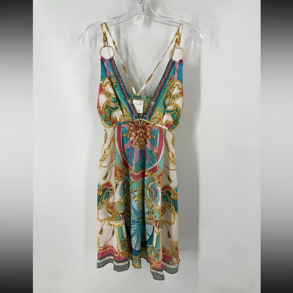 Camilla Teal and Gold Patterned Mini Dress, XS DAMAGED